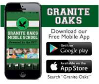 iphone with screen showing Granite Oaks middle School. Text reads "Granite Oaks, download our free mobile app"